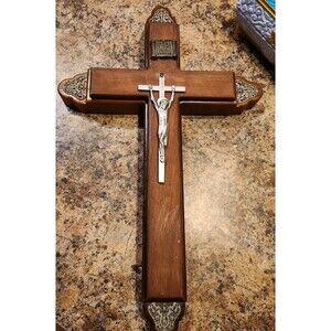 VINTAGE ESTATE WOOD METAL CRUCIFIX CANDLE HOLDER 2 PIECE 15"x9"